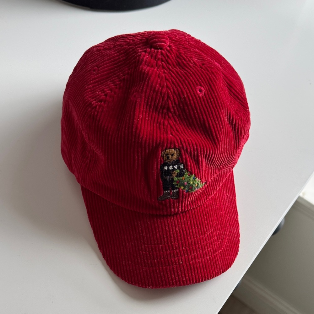 Polo Red Corduroy Cap with Christmas Bear Embroidery